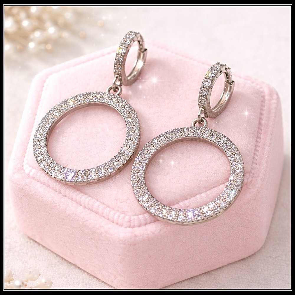 New Silver Steel Mod disco simulated diamond baguette circle hoop earrings
